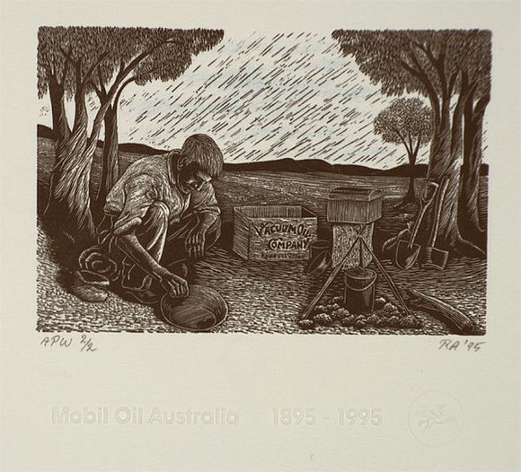 Artist: Atkins, Ros. | Title: Gold digger 1895 | Date: 1995, July | Technique: wood-engraving and lithograph, printed in black and blue ink, from one plate and one stone