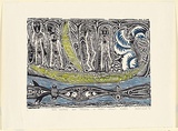 Artist: Nona, Dennis. | Title: Headhunting and Trading in Torres Strait Island | Date: 1992 | Technique: linocut, printed in black ink, from one block; hand coloured a la coupe [wet on wet technique] | Copyright: Courtesy of the artist and the Australia Art Print Network