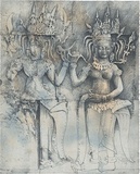 Title: Angkor figures, and aging | Date: 1999 | Technique: softground-etching, aquatint and spitbite, printed in colour, from two plates