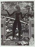 Artist: Zulumovski, Vera. | Title: Veiled woman on a balance beam | Date: 1996 | Technique: linocut printed in black ink, from one block