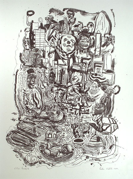 Artist: Walsh, Peter. | Title: not titled [multiple heads in stylised city-scape] | Date: 1987 | Technique: lithograph, printed in black ink, from one stone