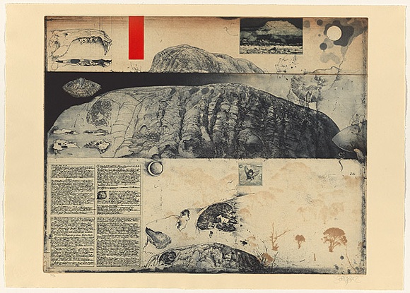 Artist: SCHMEISSER, Jorg | Title: Diary and Ayers Rock | Date: 1979 | Technique: etching, softground, photo-etching and aquatint, printed in brown, red and blue-black ink, from six plates | Copyright: © Jörg Schmeisser