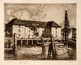 Artist: LINDSAY, Lionel | Title: Old commissariat stores, Circular Quay. | Date: 1912 | Technique: etching, printed in brown ink with plate-tone, from one plate | Copyright: Courtesy of the National Library of Australia