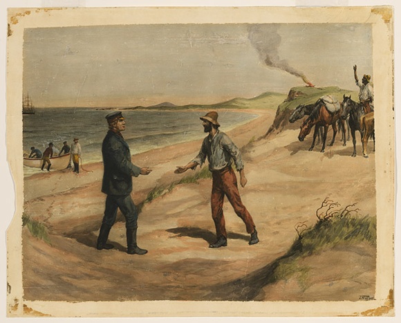 Title: Captain Rossiter comes to Eyre's aid, Great Australian Bight, 1841 | Date: 1890 | Technique: photo-engraving, printed in black ink, from one plate; hand-coloured