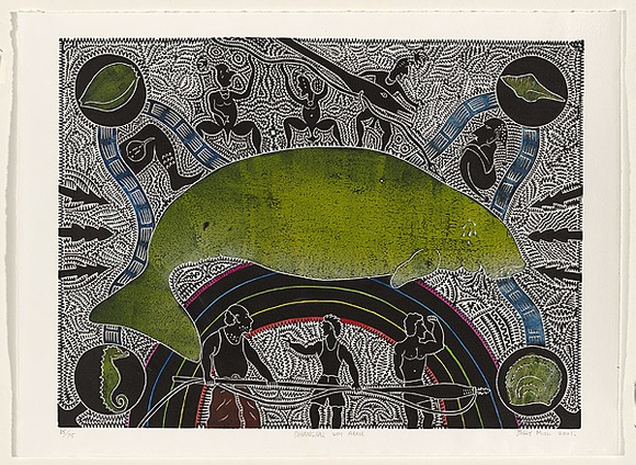 Artist: Missy, Billy. | Title: Dhangal um araik. | Date: 2000 | Technique: linocut, printed in black ink, from one block; hand coloured using a la coupe technique [wet on wet] with additional watercolour penciling