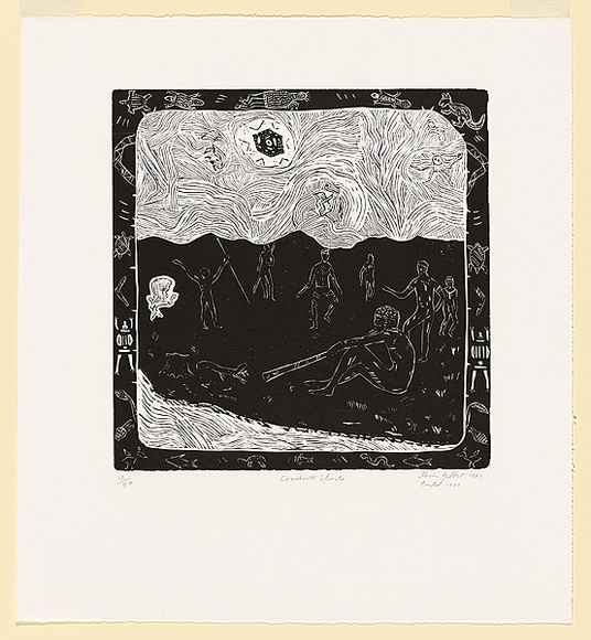 Artist: Gilbert, Kevin. | Title: Corroboree Spirits | Date: 1967 | Technique: linocut, printed in black ink, from one block