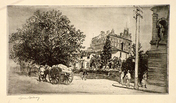 Artist: LINDSAY, Lionel | Title: Old Education Department from Bridge Street | Date: 1914 | Technique: etching, printed in black ink, from one plate | Copyright: Courtesy of the National Library of Australia