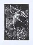 Artist: Bunam, Kona. | Title: not titled [clay pot and drum]. | Date: 2002 | Technique: linocut, printed in black ink, from one block