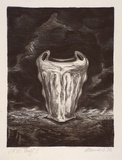 Artist: Connors, Anne. | Title: not titled (skull-like vessel) | Date: 1986 | Technique: lithograph, printed in black ink, from one stone; handcoloured in watercolour