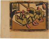Artist: Richmond, Oliffe. | Title: Officers in the mess hut. | Date: 1944 | Technique: linocut, printed in colour, from mutliple blocks