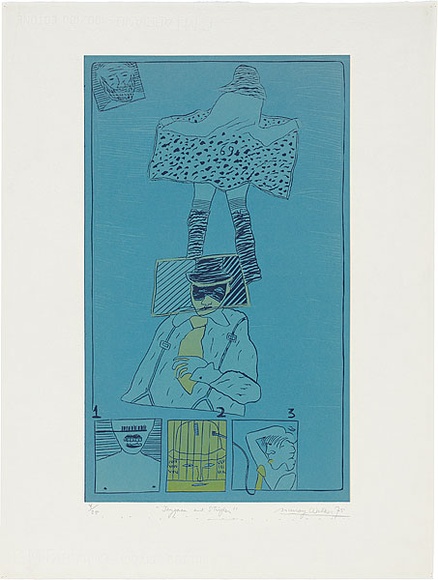 Artist: WALKER, Murray | Title: Jazzman and stripper. | Date: 1975 | Technique: linocut, printed in colour, from multiple blocks
