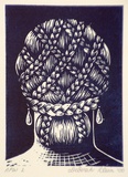 Artist: Klein, Deborah. | Title: not titled [elaborate hairdo seen from behind] | Date: 2000, October | Technique: linocut, printed in blue ink, from one block