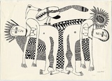 Artist: Kauage, Mathias. | Title: not titled [two female figures and bird] | Date: September 1974 | Technique: screenprint, printed in brown ink, from one stencil