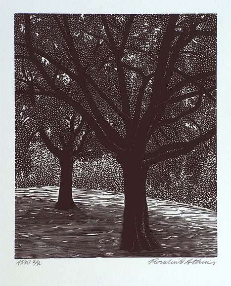 Artist: Atkins, Ros. | Title: not titled [two trees] | Date: 2001, February | Technique: linocut, printed in black ink, from one block