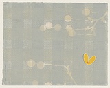 Artist: McPherson, Megan. | Title: not titled [pale blue weave pattern with abstracted white branches and yellow butterfly] | Date: 1999 | Technique: relief, printed in colour from multiple blocks; inkjet print stitched on with silk thread