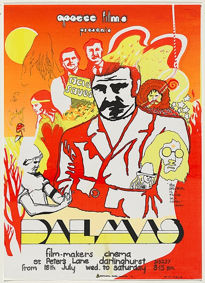 Artist: b'Helen.' | Title: b'Dalmas, Film-makers cinema, Darlinghurst' | Date: 1973 | Technique: b'screenprint, printed in colour, from multiple stencils'