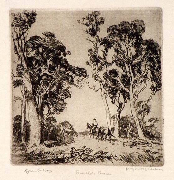 Artist: b'LINDSAY, Lionel' | Title: b'Travelling shearer' | Date: 1919 | Technique: b'etching, printed in black ink, from one plate' | Copyright: b'Courtesy of the National Library of Australia'