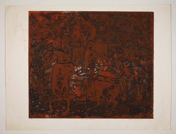 Artist: b'Haxton, Elaine' | Title: b'The divine archer' | Date: 1967 | Technique: b'open-bite etching and aquatint, printed in colour'