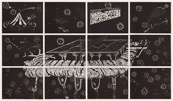 Artist: b'COLEING, Tony' | Title: b'Battlefield.' | Date: 1986 | Technique: b'linocut, printed in black ink, from 12 blocks'