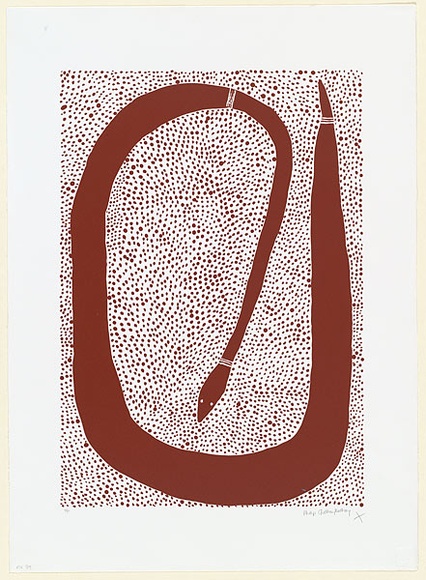 Artist: GUDTHAYKUDTHAY, Philip | Title: Large red ochre snake with decoration dot infill | Date: 1998, 27 October | Technique: screenprint, printed in colour, from multiple stencils | Copyright: © Philip Gudthaykudthay. Licensed by VISCOPY, Australia