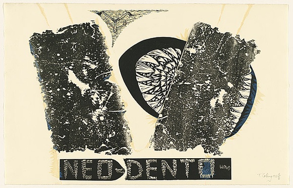 Title: b'Neo-dento' | Date: 1988 | Technique: b'relief print, printed in black ink, from linoblock and found objects including styrofoam'