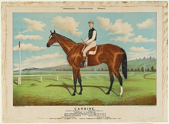 Artist: b'Woodhouse, Frederick Junior.' | Title: bWoodhouse's Australasian Winner's, Carbine. | Date: 1893 | Technique: b'lithograph, printd in colour, from multiple stones; hand-coloured'