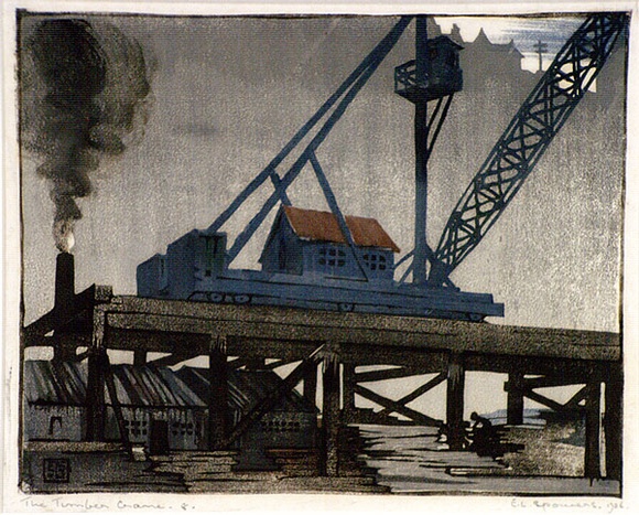 Artist: b'Spowers, Ethel.' | Title: b'The timber crane' | Date: 1926 | Technique: b'linocut, printed in colour in the Japanese manner, from five blocks'