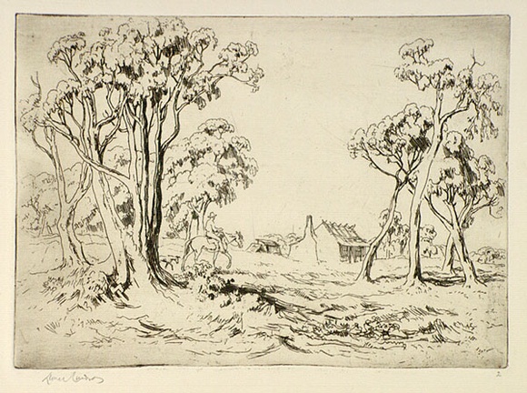 Artist: b'LINDSAY, Lionel' | Title: b'The return' | Date: c.1950 | Technique: b'etching, printed in black ink, from one plate' | Copyright: b'Courtesy of the National Library of Australia'