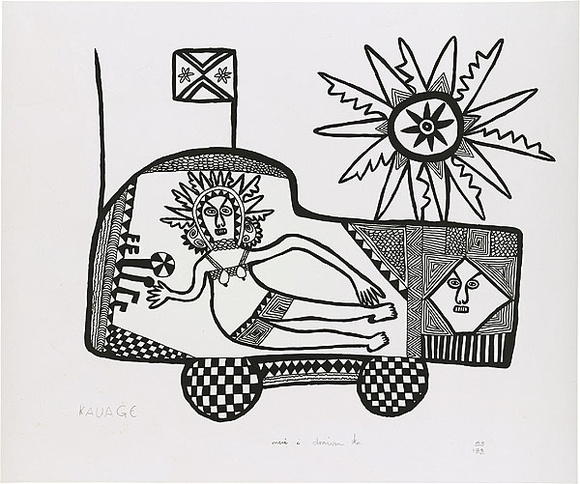 Artist: b'Kauage, Mathias.' | Title: b'Meri i draivim ka  [Woman driving a car].' | Date: c.1976 | Technique: b'screenprint, printed in black ink, from one stencil'