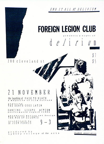 Artist: b'MERD INTERNATIONAL' | Title: b'Poster: Foreign Legion Club' | Date: 1984 | Technique: b'screenprint, printed in colour, from multiple stencils'