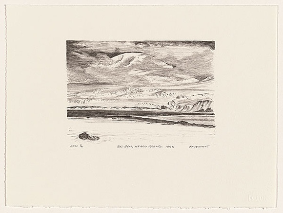 Artist: b'Elliott, Fred W.' | Title: b'Big Ben, Heard Island, 1953' | Date: 1997, February | Technique: b'photo-lithograph, printed in black ink, from one stone' | Copyright: b'By courtesy of the artist'