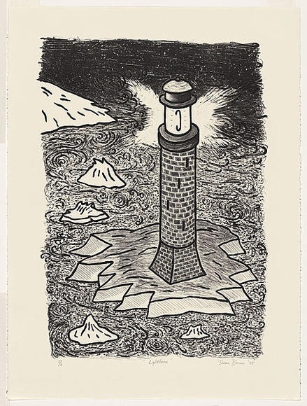 Artist: b'Bowen, Dean.' | Title: b'Lighthouse.' | Date: 1988 | Technique: b'lithograph, printed in colour, from two stones (yellow and black)' | Copyright: b'\xc2\xa9 Dean Bowen'