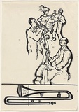 Title: b'not titled [musicians, dancers and trumpet]' | Date: 1950s-60s | Technique: b'screenprint, printed in black ink, from one stencil'