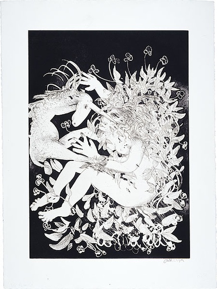 Artist: b'BOYD, Arthur' | Title: b'The lady and the unicorn' | Date: 1988, June | Technique: b'etching and aquatint, printed in black ink, from one plate' | Copyright: b'Reproduced with permission of Bundanon Trust'