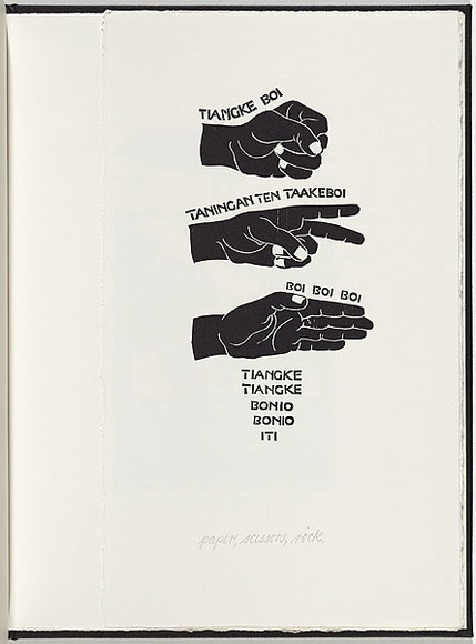 Artist: b'White, Robin.' | Title: b'Not titled (paper, scissors, rock).' | Date: 1985 | Technique: b'woodcut, printed in black ink, from one block'