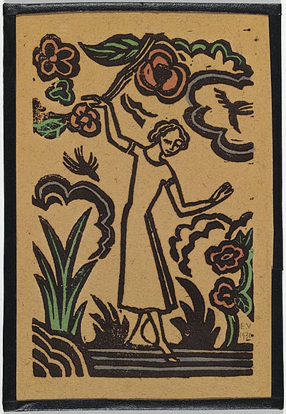 Artist: bO'Connell, Ella. | Title: b'not titled [young woman in garden].' | Date: 1930 | Technique: b'linocut, printed in black ink, from one block'