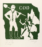 Artist: b'COLEING, Tony' | Title: b'C.O.D.' | Date: 1979 | Technique: b'linocut, printed in green ink, from one block'