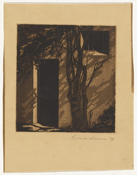 Artist: b'Nimmo, Lorna.' | Title: b'(Open doorway with tree in foreground)' | Date: 1939 | Technique: b'etching and aquatint printed in brown ink, from one copper plate,'