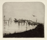 Artist: b'Bull, Norma C.' | Title: b'(Three boats and pier).' | Date: c.1934 | Technique: b'etching, printed in black ink, from one plate'