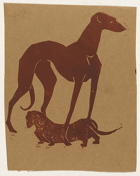 Artist: b'Bell, George..' | Title: b'(Greyhound and dachshund).' | Technique: b'linocut, printed in black ink, from one block'