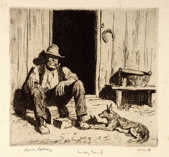 Artist: b'LINDSAY, Lionel' | Title: b'Sunday camp' | Date: 1925 | Technique: b'etching and aquatint, printed in brown ink, from one plate' | Copyright: b'Courtesy of the National Library of Australia'