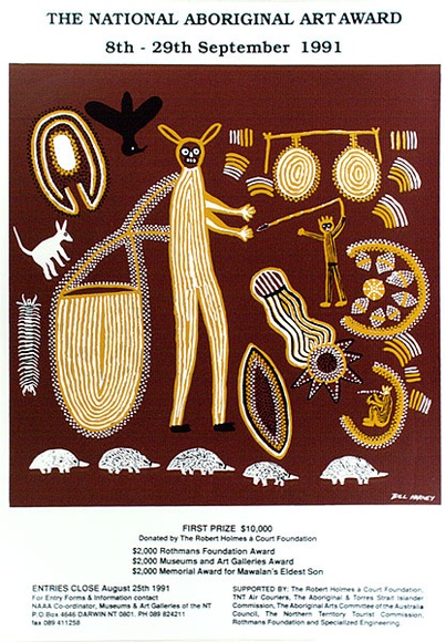 Artist: b'Harney, Bill.' | Title: b'The National Aboriginal Art Award 1991' | Date: 1991 | Technique: b'screenprint, printed in colour, from multiple stencils'