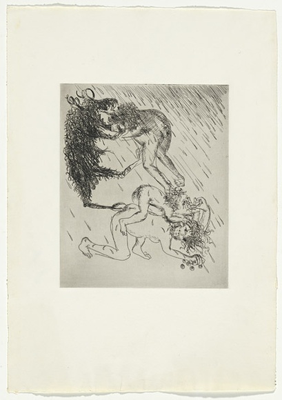 Artist: b'BOYD, Arthur' | Title: b'(Circus in the rain with wild dog) [variant IV].' | Date: 1970 | Technique: b'etching, printed in black ink, from one plate' | Copyright: b'Reproduced with permission of Bundanon Trust'