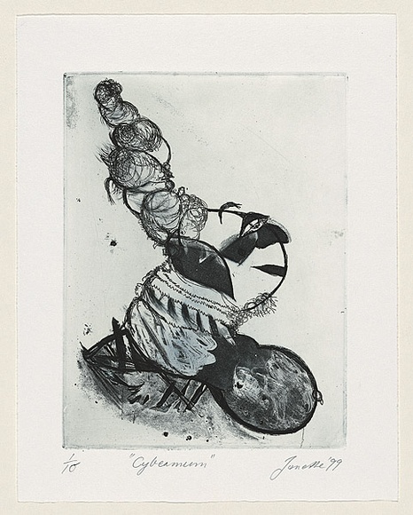 Artist: b'Thompson, Janette.' | Title: b'Cybermum' | Date: 1999 | Technique: b'etching, aquatint and sugar-lift, printed in dark blue ink, from one plate'