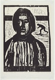 Artist: b'MADDOCK, Bea' | Title: b'Self-portrait with Icarus' | Date: 27 July 1964 | Technique: b'woodcut, printed in black ink by hand-burnishing, from three joined pine blocks'