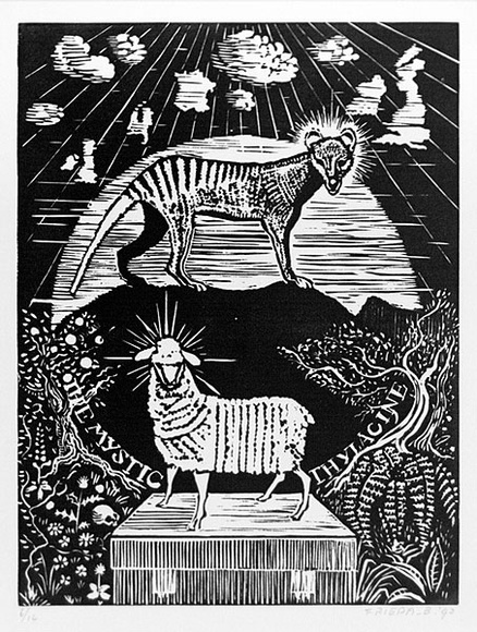 Artist: b'Beaukenkamp, Frieda.' | Title: b'The adoration of the Thylacine.' | Date: 1992 | Technique: b'linocut, printed in black ink, from one block'