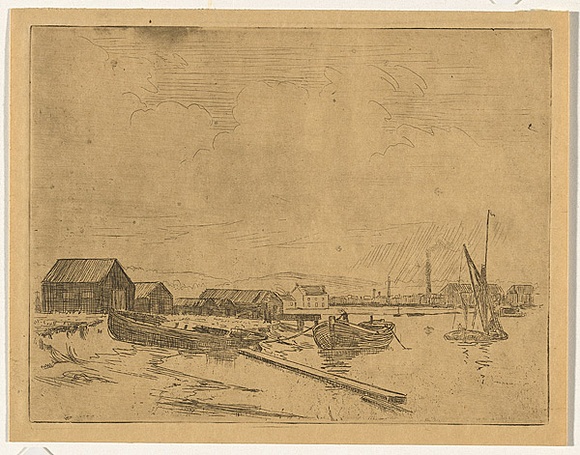 Artist: b'Bell, George..' | Title: b'(River with boats and buildings).' | Date: c.1912 | Technique: b'etching, printed in black ink, from one plate'