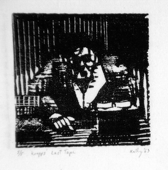 Artist: b'Kelly, William.' | Title: bKrapp's last tape | Date: 1963 | Technique: b'woodcut' | Copyright: b'\xc2\xa9 William Kelly'