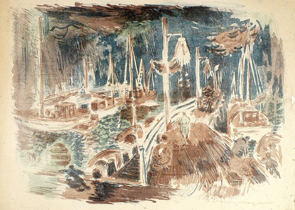 Artist: b'MACQUEEN, Mary' | Title: b'Jetty, San Remo' | Date: 1959 | Technique: b'lithograph, printed in colour, from multiple plates' | Copyright: b'Courtesy Paulette Calhoun, for the estate of Mary Macqueen'