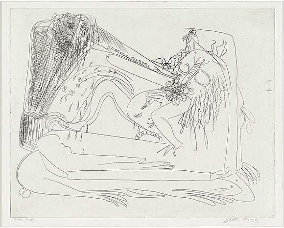 Artist: b'BOYD, Arthur' | Title: b'Pointing figure with weeping heads.' | Date: (1968-69) | Technique: b'etching, printed in black ink, from one plate' | Copyright: b'Reproduced with permission of Bundanon Trust'